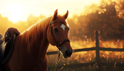 Obraz premium Majestic horse silhouette against vibrant sunset in tranquil countryside