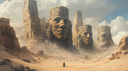 An enigmatic ancient city engulfed by sand: monumental stone faces emerge from the desert landscape's embrace. Whispering Stone Faces. Illustration