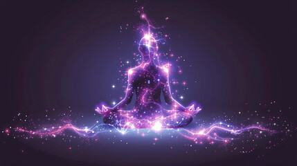 A meditative figure sitting in a glowing aura, with neural pathways forming into stars above, symbolizing deep subconscious transformation and belief energy. 