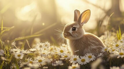 Adorable Baby Bunny Rabbit in Sunny Daisies Spring Meadow Cute Fluffy Little Hare Peaceful Nature Wildlife Photography Image pet calm soft grass sweet