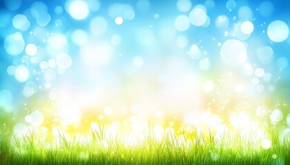 Obraz premium Vibrant Spring Background, Bokeh Effect on Green Grass, Sunny Blue Sky, 8K Resolution
