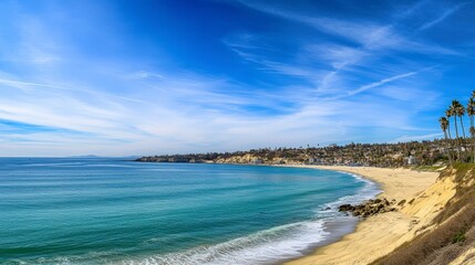 Stunning Coastal California Beach Scene with a Vibrant Blue Sky and Golden Sand