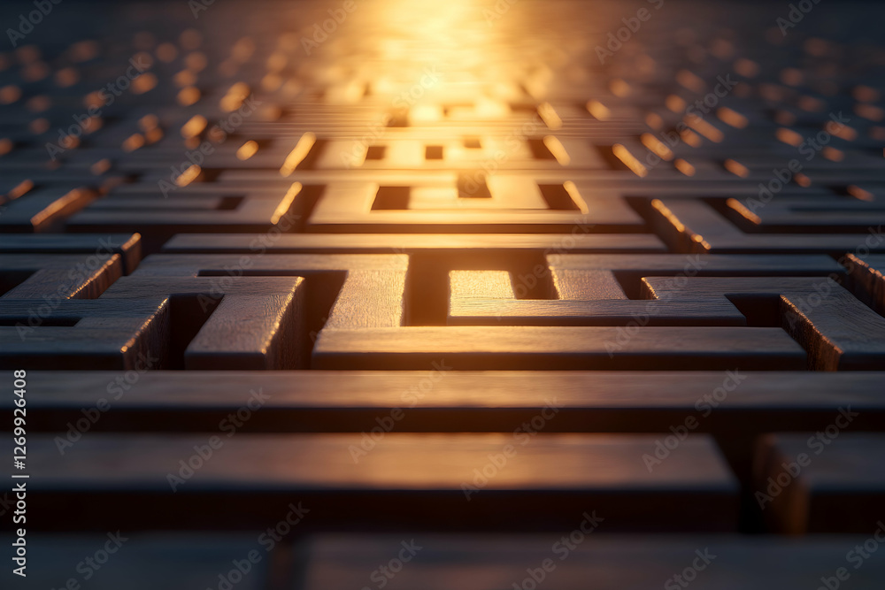 Poster a stunning close-up shot of a labyrinth pattern, showcasing intricate details and a warm golden glow