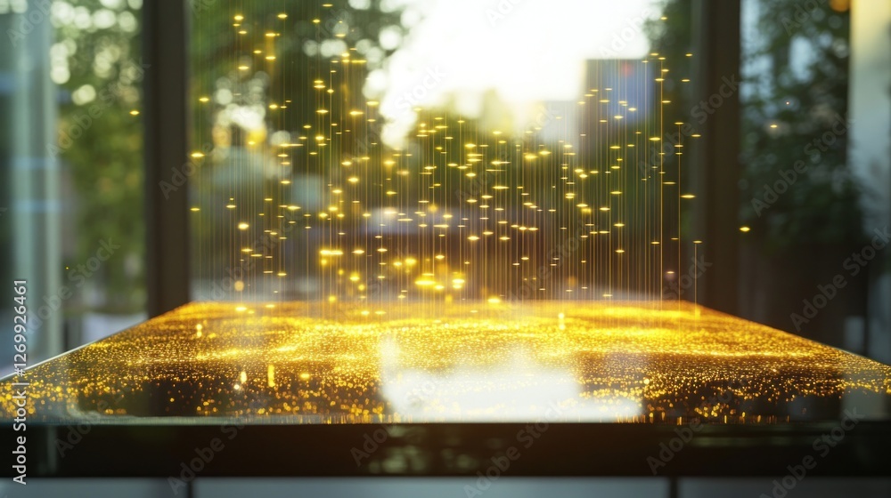 Poster abstract data flow on table surface with glowing lines and particles