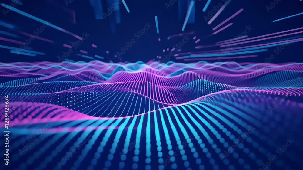 Poster futuristic blue and purple waveform data visualization with glowing grid and abstract digital backgr