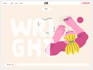 Writing people, modern flat vector concept illustration- sitting woman thoughtfully writing on paper, bubble near head, top view. Metaphor for reflection, insight, contemplation, creative expression