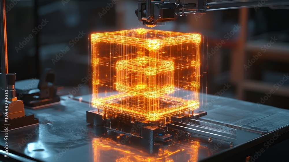 Poster digital cube 3d model futuristic technology orange glow abstract design modern innovation science fi