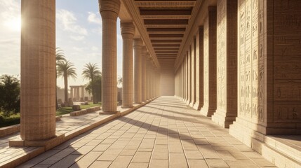 Fototapeta premium Ancient Egyptian colonnaded hallway, sunlight, palm trees, historical background. Possible use Stock photo