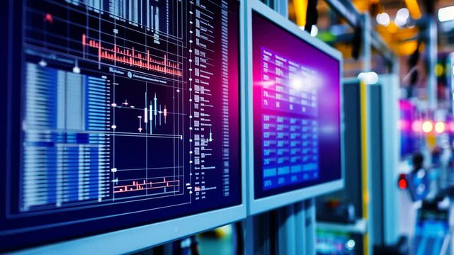 Factory automation monitors displaying data in production line