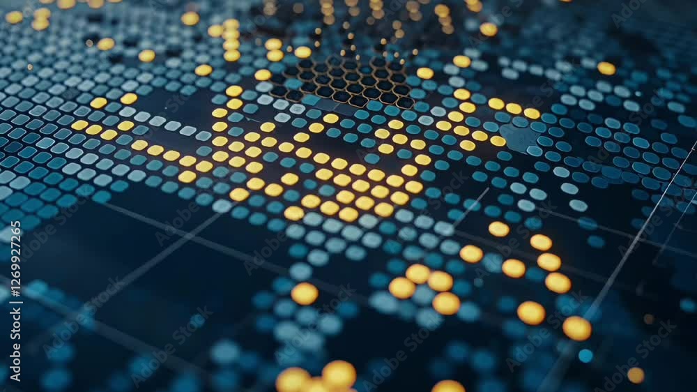 Poster futuristic digital hexagonal grid with glowing golden elements and abstract technology background