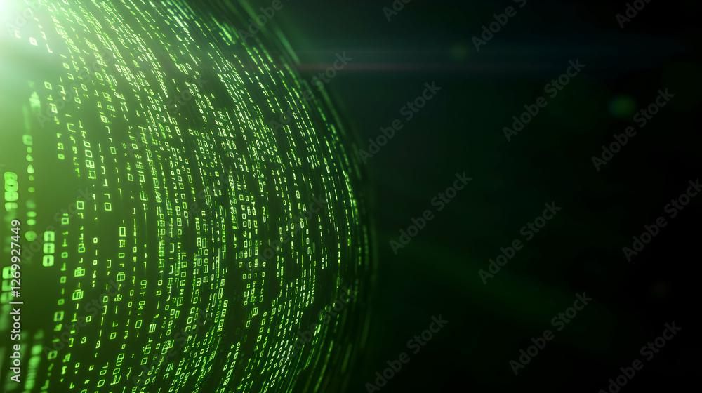 Poster this image showcases a digital world represented by binary code in vibrant green hues, symbolizing d