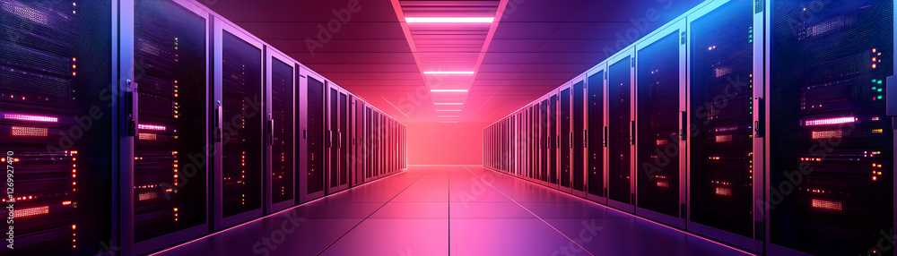 Aufkleber a futuristic server room illuminated with vibrant neon lights. rows of servers line the sleek corrid