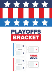 Playoffs bracket. Playoffs grid. Sport tournament bracket. Game and competition schedule. Season final. Team and players. Championship winner. Match score. Vector poster