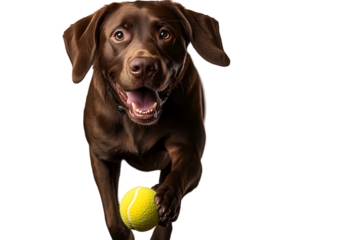 Brown Labrador Retriever dog Carrying a tennis ball .Isolated on transparent background.