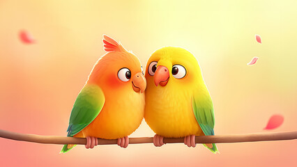 Two adorable cartoon birds are romantically kissing on a lovely branch, showcasing their affection for one another in a charming way