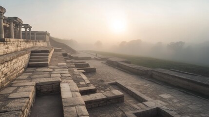 Obraz premium Ancient ruins, sunrise, foggy morning, historical site, photo for history book