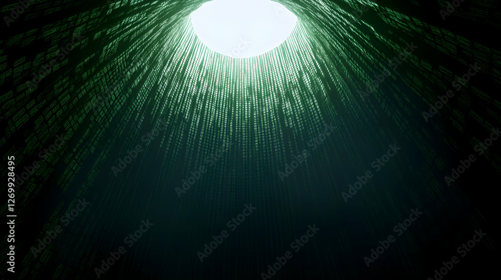 Poster a serene and atmospheric view of light streaming through a dark underground space, creating a tranqu