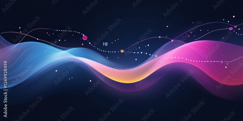 Poster abstract financial data visualization with smooth lines and upward arrows on a dark background