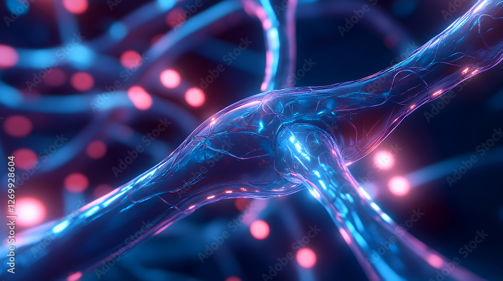 Poster a close-up image illustrating intricate neural connections with glowing blue and pink tones, symboli