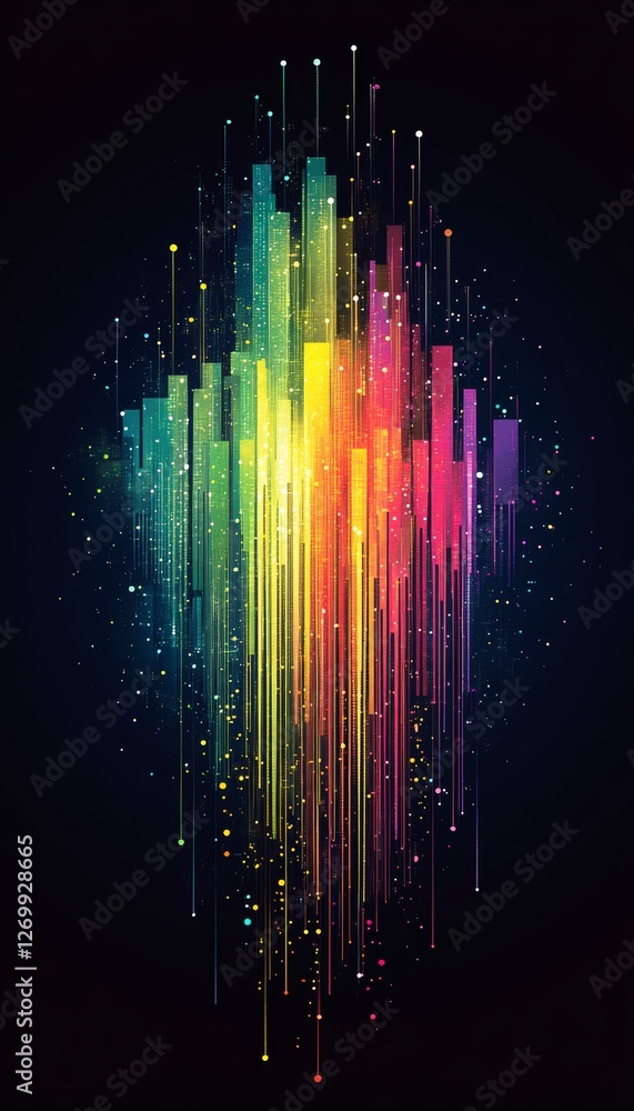 Poster abstract cityscape with data visualization a colorful display of bars and lines on dark background