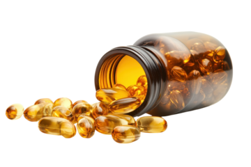Amber capsules spill from an opened bottle on a bright surface, highlighting health and wellness isolated on transparent background
