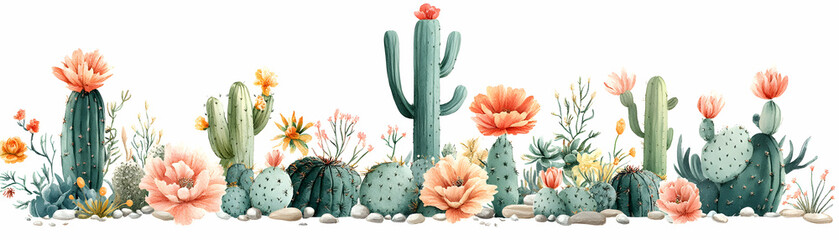 A vibrant illustration of various cacti and colorful flowers, showcasing unique shapes and textures, perfect for adding a touch of nature to any design project or decor.