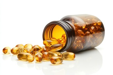 Amber capsules spill from an opened bottle on a bright surface, highlighting health and wellness isolated on transparent background