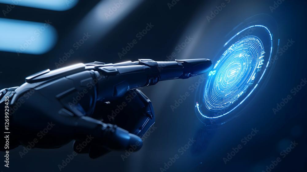 Poster a futuristic robotic hand interacts with a glowing digital interface, symbolizing the convergence of