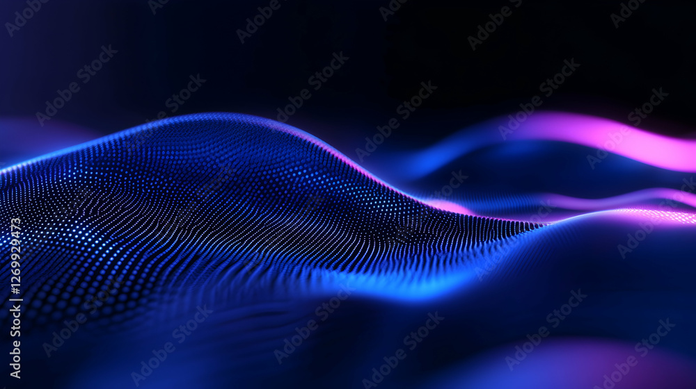 Poster this captivating image showcases vibrant digital waves in shades of blue and purple, creating a mesm