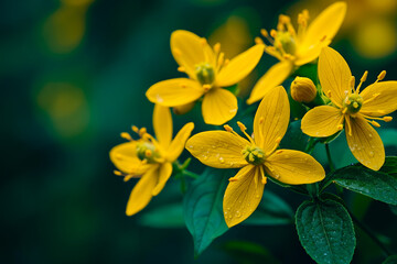 Fototapeta premium A bunch of yellow flowers with water droplets on them
