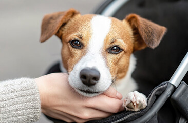 person holding a leash attached to a stroller while another dog walks beside it