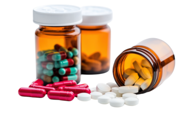 Colorful collection of medicinal capsules and tablets arranged with prescription bottles on display isolated on transparent background