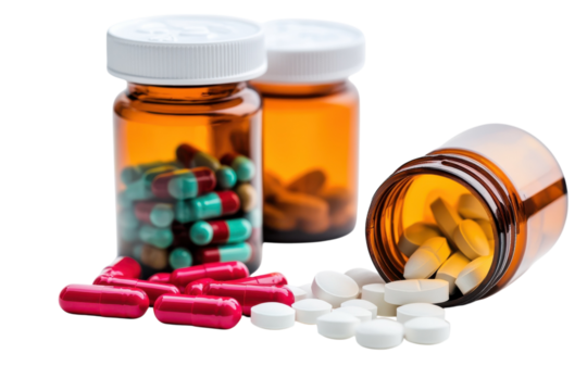 Colorful collection of medicinal capsules and tablets arranged with prescription bottles on display isolated on transparent background