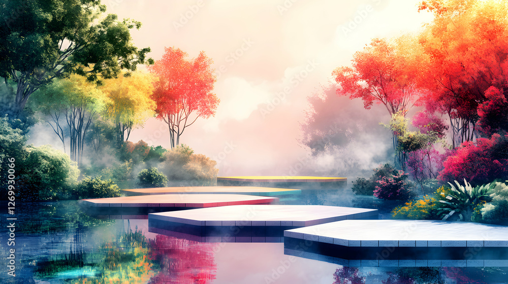 Poster a serene landscape with colorful trees reflecting on still water, creating a tranquil atmosphere. id