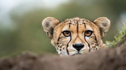 Obraz premium Cheetah peering from behind a mound in the African savanna. Possible use Stock photo for wildlife or nature themes