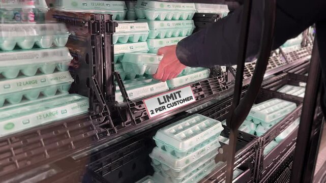 A man picks up an egg carton from a grocery store's refrigerated section. Eggs in America were rationed during the bird flu epidemic of 2025.	