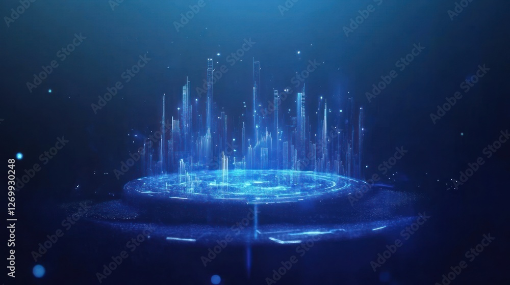 Poster futuristic cityscape with glowing digital elements and data visualization