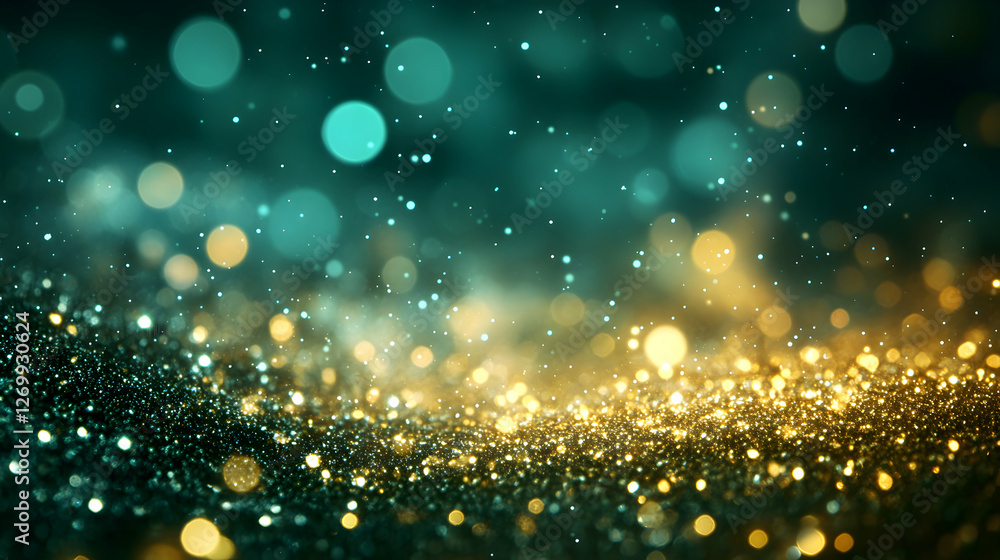 Aufkleber a mesmerizing display of bokeh lights in emerald and gold hues, creating a dreamy and magical atmosp