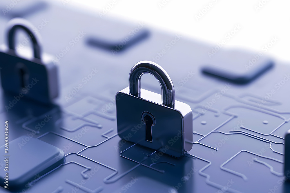Poster a close-up image of a digital lock on a circuit board background, highlighting the concepts of cyber