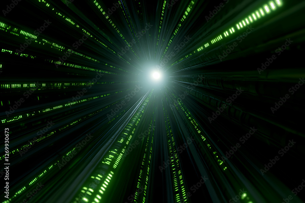 Poster a captivating visual of glowing green code streaming towards a bright center, representing the dynam