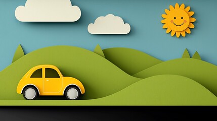 Fototapeta premium Yellow car on paper cut-out landscape with sun and clouds.