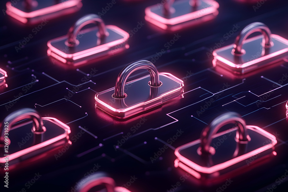 Poster a digital representation of cybersecurity with glowing locks on a circuit board, symbolizing data pr