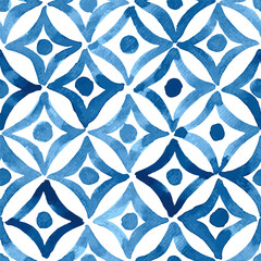 Blue watercolor rhombuses diagonal background. Seamless vector pattern