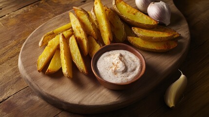 Crispy Seasoned Potato Wedges with Creamy Garlic Dip - A Perfect Rustic Side Dish