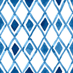 Hand painted watercolor rhombuses and diagonal grid in blue. Seamless vector pattern