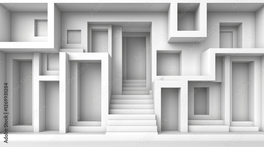 Poster a modern abstract design featuring multiple white geometric shapes, doorways, and stairs, creating a