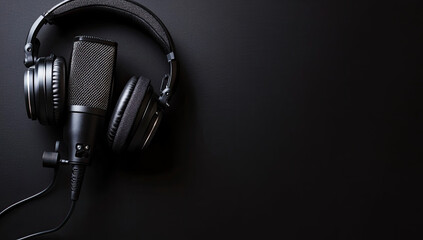 A microphone and headphones on a dark surface, ideal for audio recording or music production.