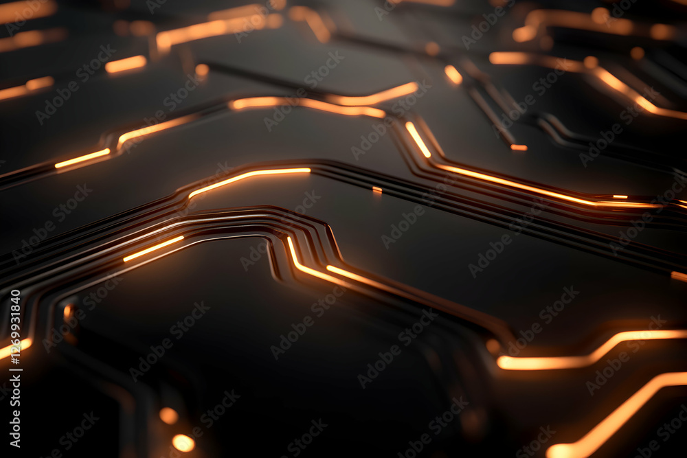 Poster a close-up view of a sleek, illuminated circuit board showcasing intricate lines and patterns, highl
