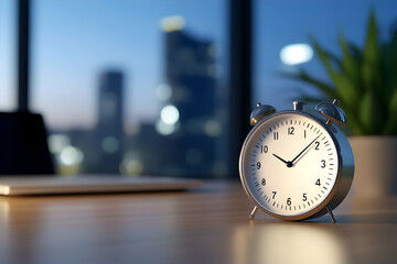 A sleek metal alarm clock sits on a wooden desk in an office setting. The backdrop features blurred city lights, creating a productive and modern atmosphere during twilight hours.