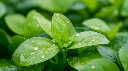 Close-up of vibrant green leaves with water droplets, showcasing freshness and the beauty of nature. Perfect for illustrating themes of growth, health, and natural beauty.